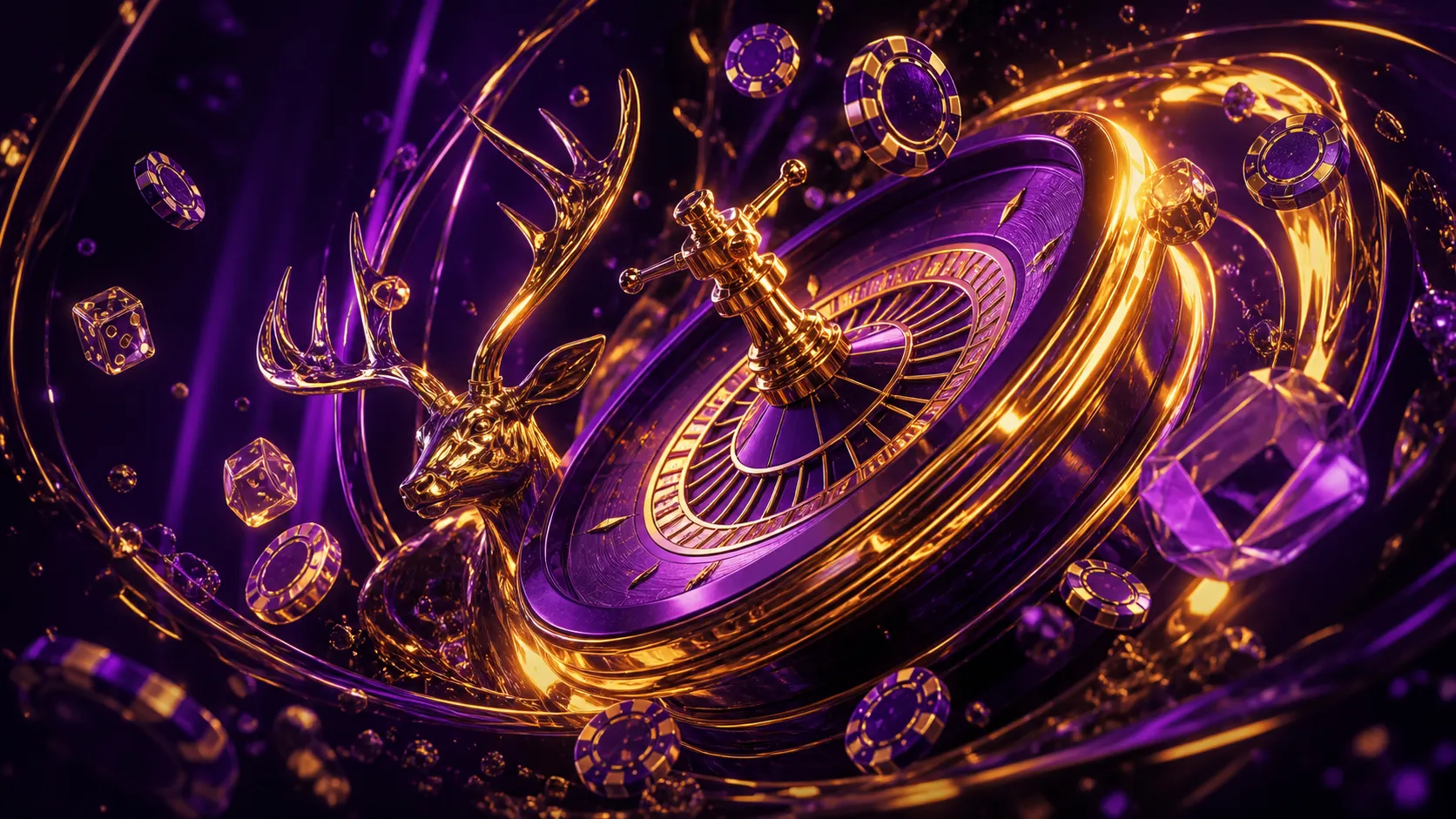 Futuristic holographic casino theme with glowing poker chips, slot reels, and luminous neon elements for Spinstag.