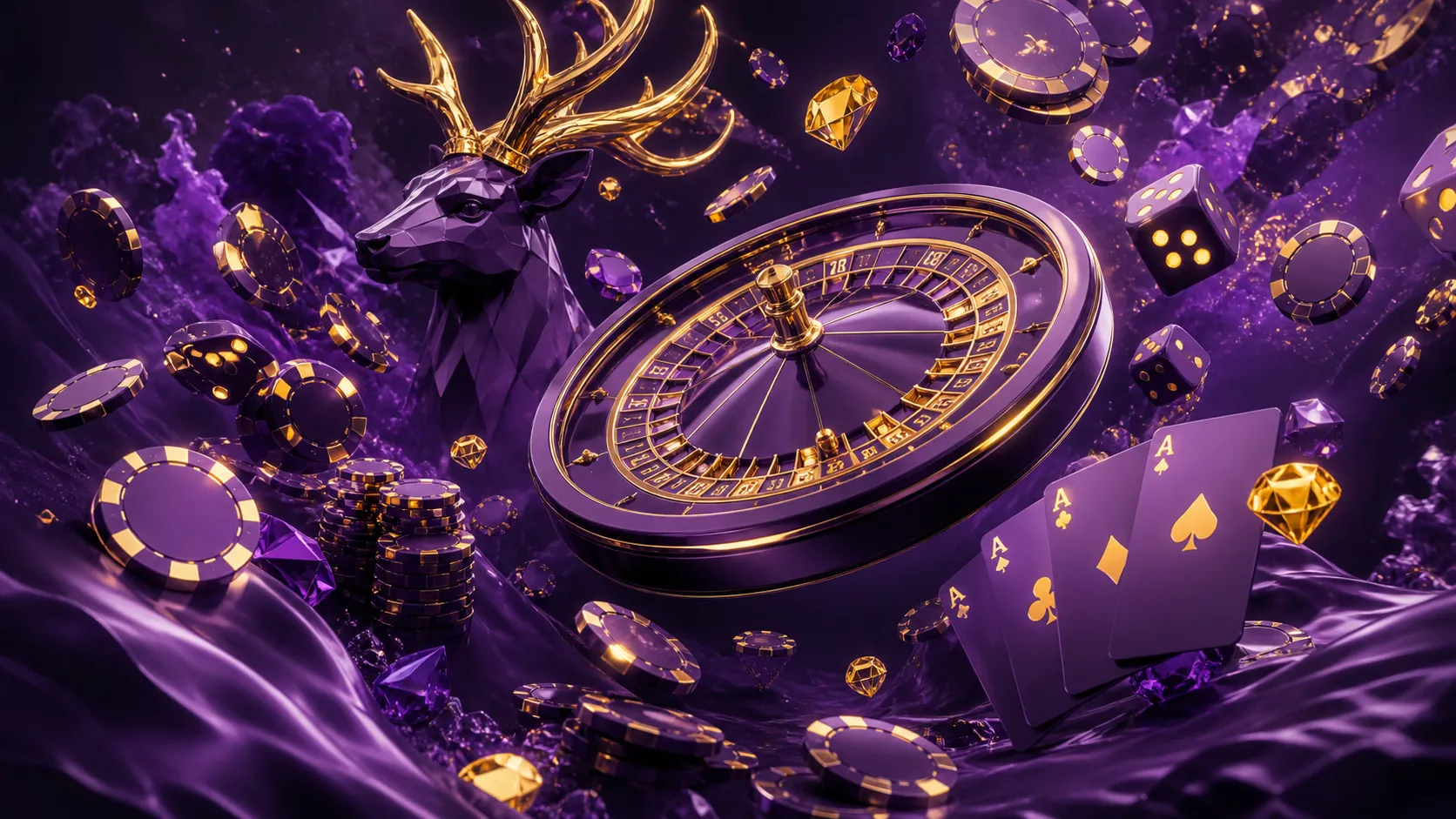 Glamorous casino-themed hero banner showcasing poker chips, playing cards, and roulette wheel with a luxurious touch.